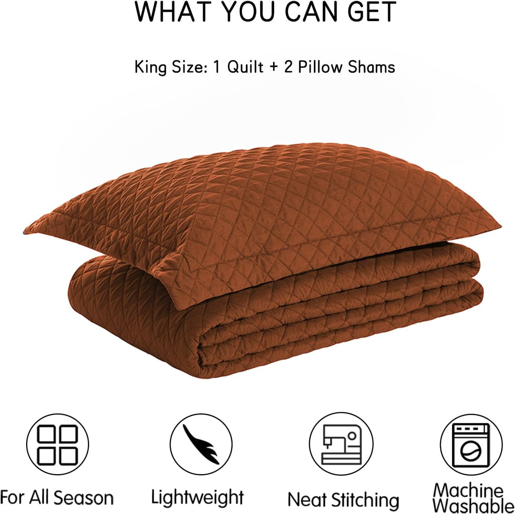 Quilt Set King Rust Lightweight Bedspread Soft Reversible Coverlet for All Season 3Pcs Burnt Orange Diamond Quilted Bedding Sets (1 Quilt 2 Pillow Shams)(106"X96")